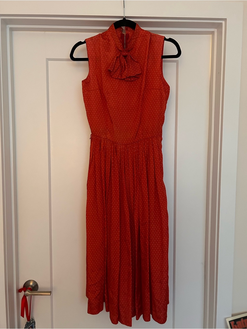 Vintage Sleeveless Red Polka Dot Tie-Neck Midi Dress